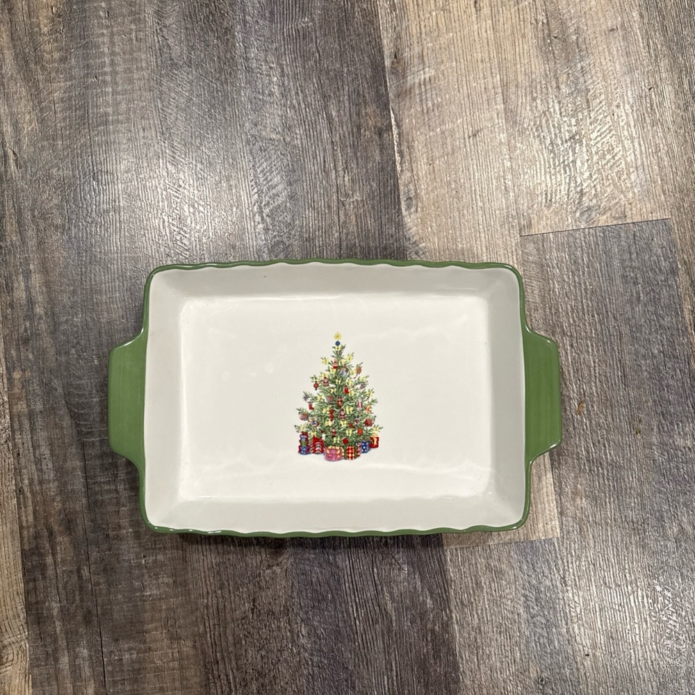 Christopher Radko White Baking Dish with Green Trim and Christmas Tree